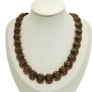 Ornate Antique Gold Tone Collar Necklace Panel Filigree Chunky Victorian Revival